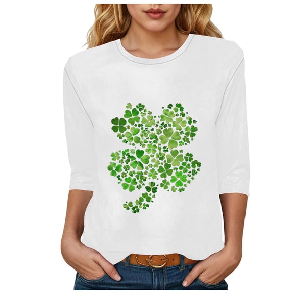 felwors St Patricks Day Shirt Women 2025 Casual Plus Size 3/4 Sleeve Irish Clover Shirts Funny Saint Patrick's Tunic Tops (White, S)