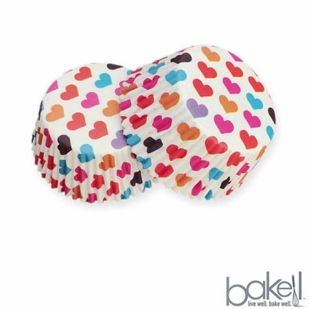Rainbow Colored Heart Pattern Cupcake Liners (25pcs, Standard Size) Grease Resistant Cake Liners for Baking, Caking and Crafting by Bakell