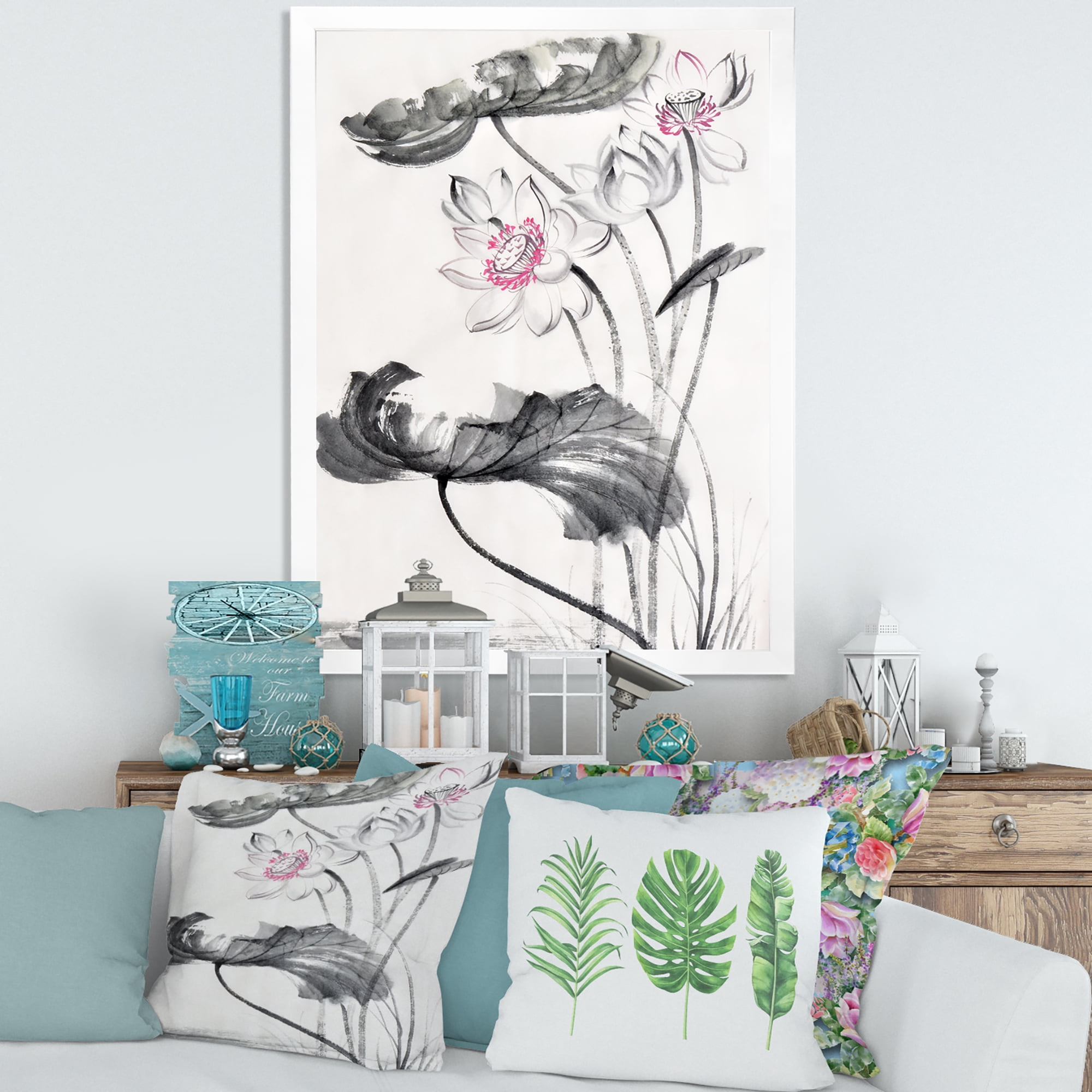 Designart 'Ancient Lotus Flowers' Traditional Framed Art Print