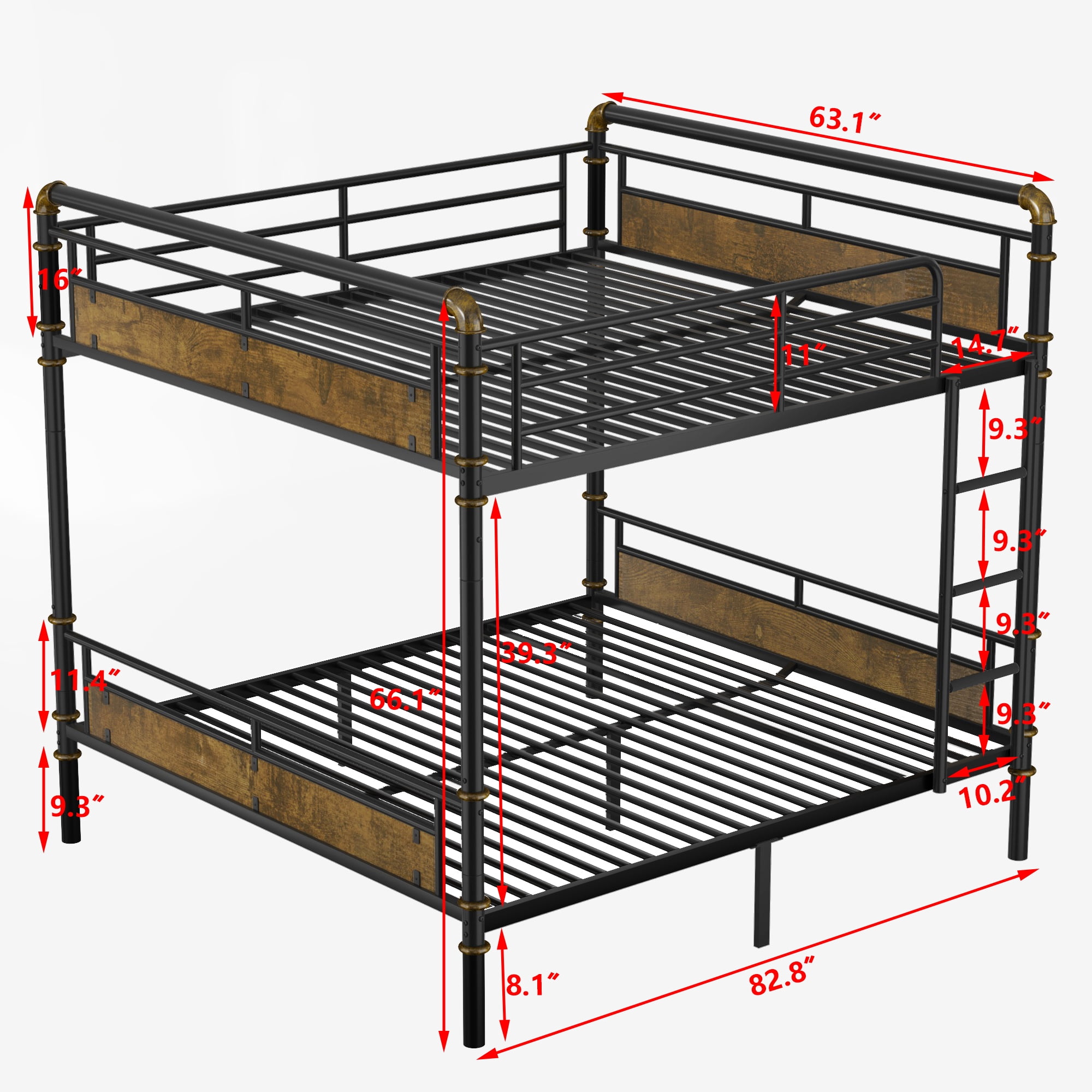 HOQBN Metal Bunk Bed Queen over Queen,Industrial Style Bunk Bed Frame with Safety Guardrails,Black
