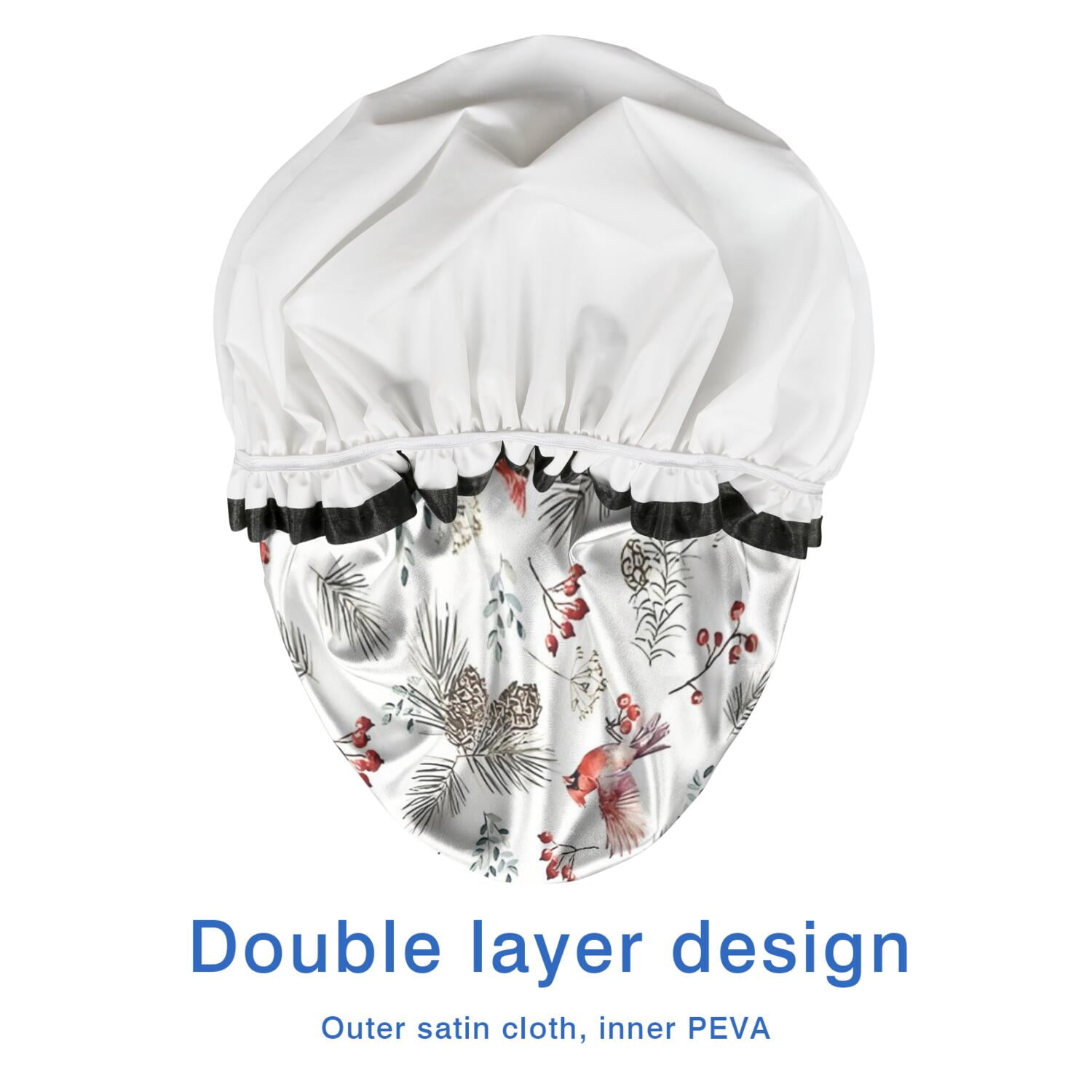 Shower Caps,White Christmas Bird and Pine Pattern Waterproof Shower Cap for Women 4 Pieces,Double Reusable Hair Cover for Shower PEVA Elastic Stretch Hem