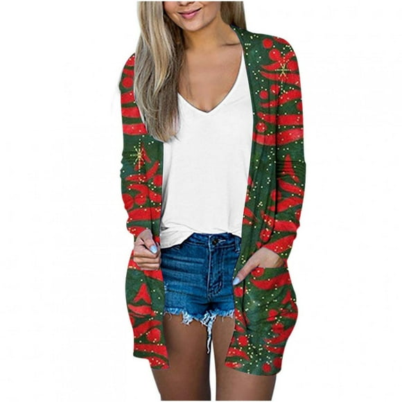 lcziwo 2024 Holiday Cardigans for Women Plus Size Women's Fall Lightweight Cardigans Christmas Cute Reindeer Snowflake Print Cardigan Casual Open Front Coats Tops Blue XL