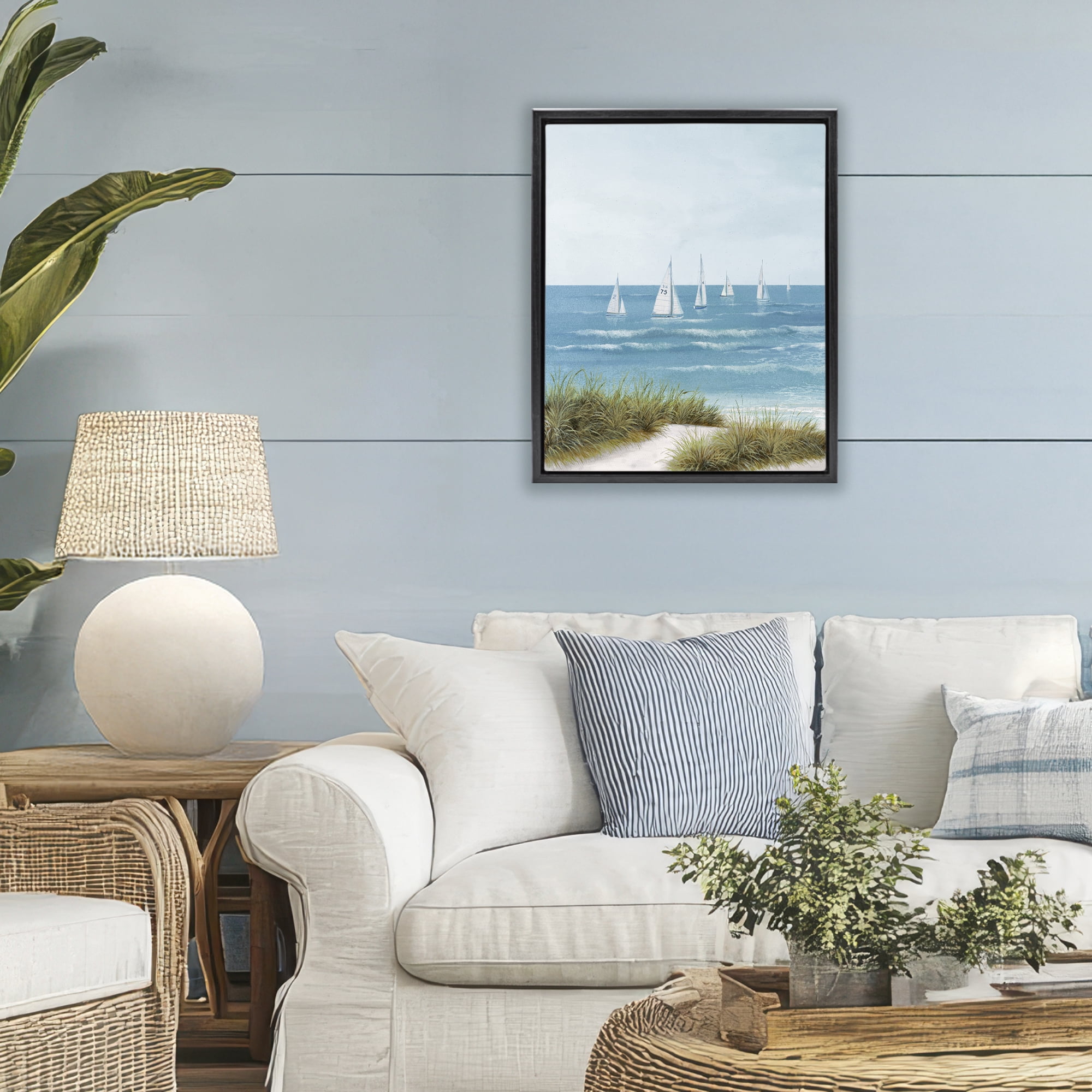 Stupell Industries Sail Away Beach Seascape Black Framed Floater Canvas Wall Art, design by Lorenzo Collective