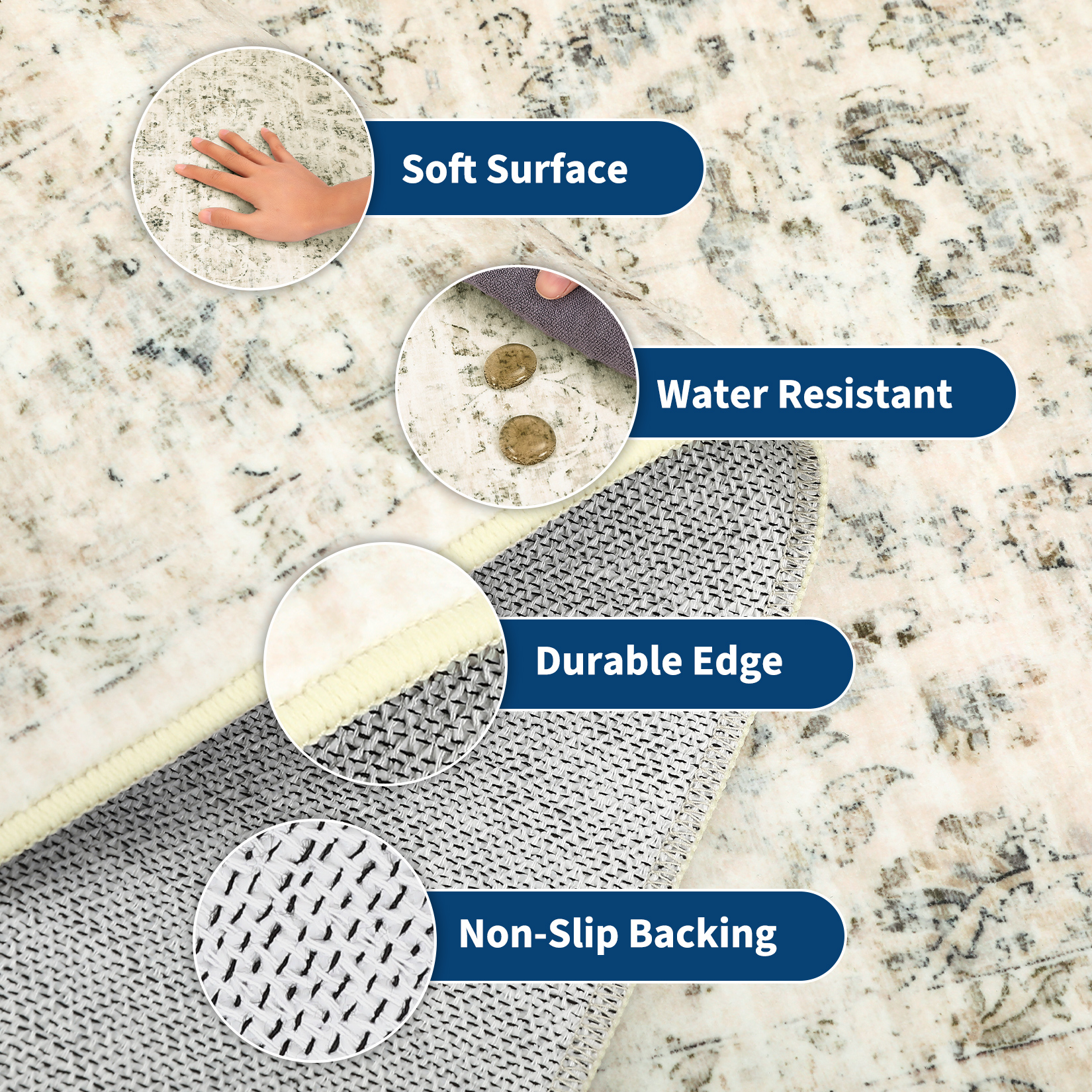 HOMERRY Washable Area Rug 5' x 7' Throw Rug for Living Room Vintage Floral Indoor Floor Cover, Beige