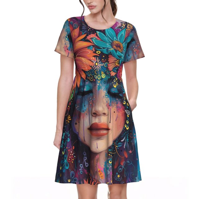 Xecao Robe Midi Bohème Colorée pour Femmes Été Manches Courtes avec Poches Décontractée Robe T-Shirt Fluide Robe de Plage