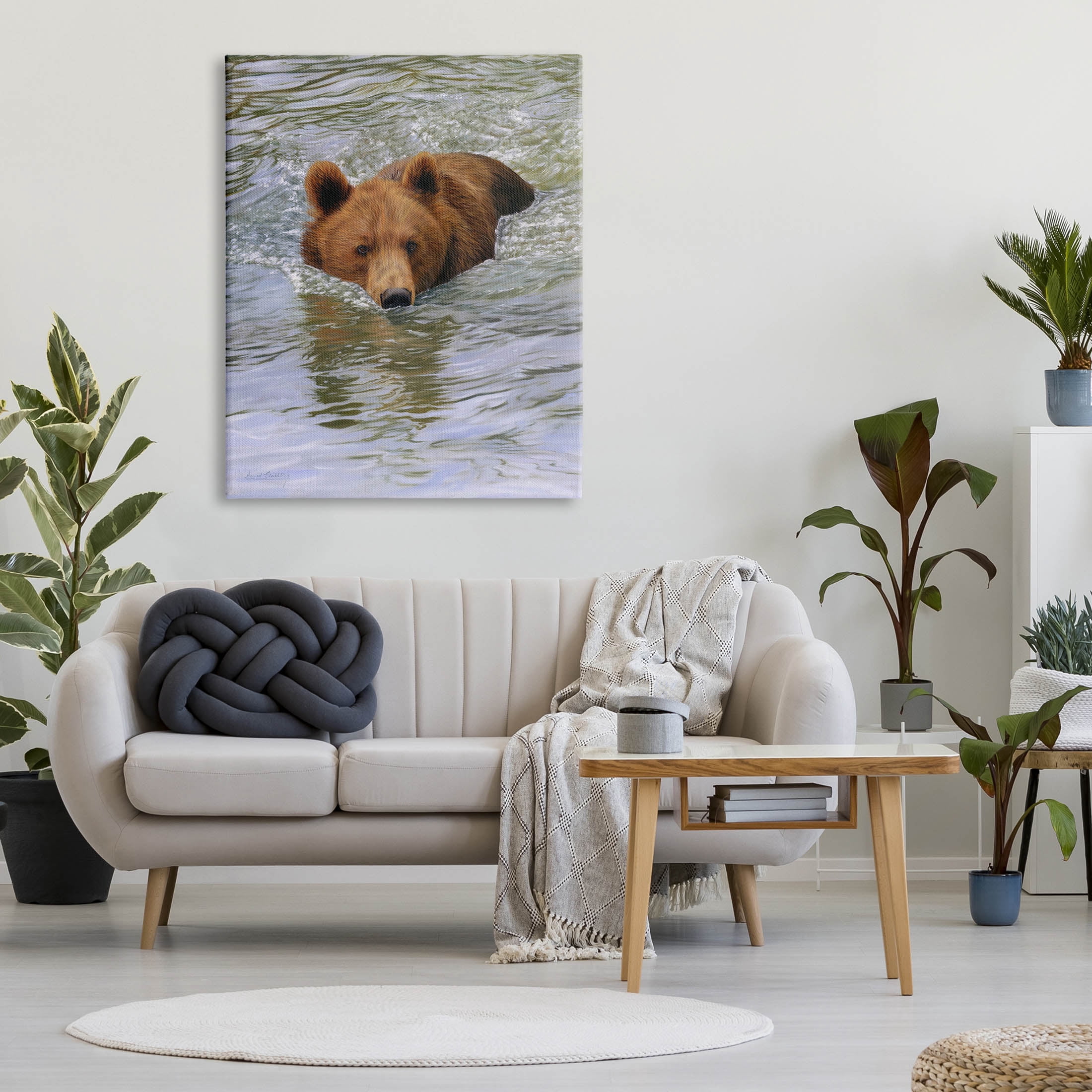 Brown Bear Lake Water Splash Animals & Insects Photograph Gallery Wrapped Canvas Print Wall Art