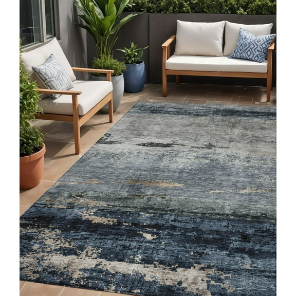 5' X 8' Navy Blue Gray And Black Abstract Washable Indoor Outdoor Area Rug