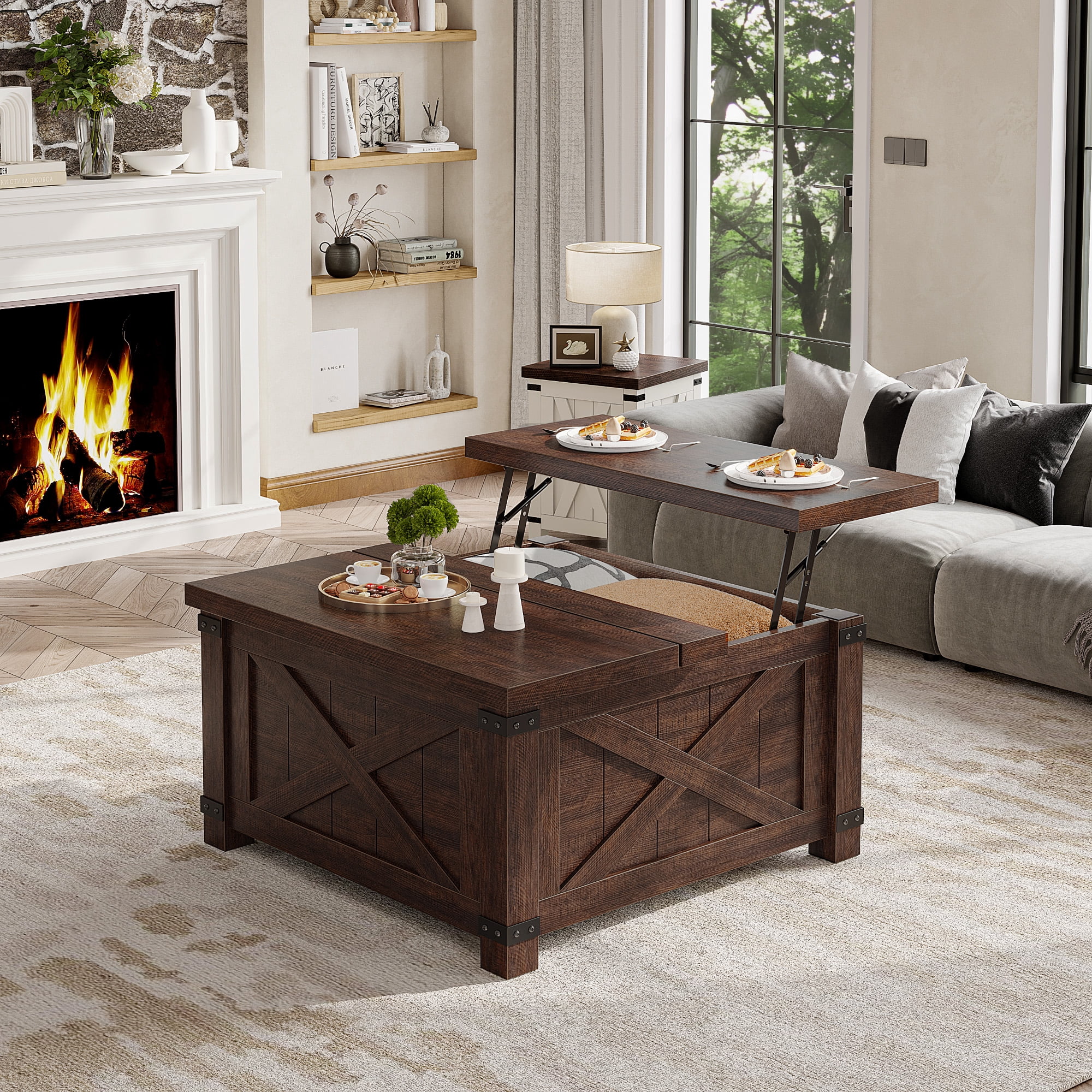 Romorgniz 35.7" W Square Lift Top Coffee Table Farmhouse Coffee Table with Large Hidden Storage Wooden Center Table for Living Room, Brown