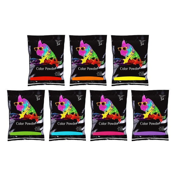 Chameleon Colors Rainbow Color Powder Packets, 7 Individual Holi Color Packets, Color Races, Birthday Parties, and Photography Smoke. Red, Orange, Yellow, Green, Blue, Magenta, and Purple Powder.