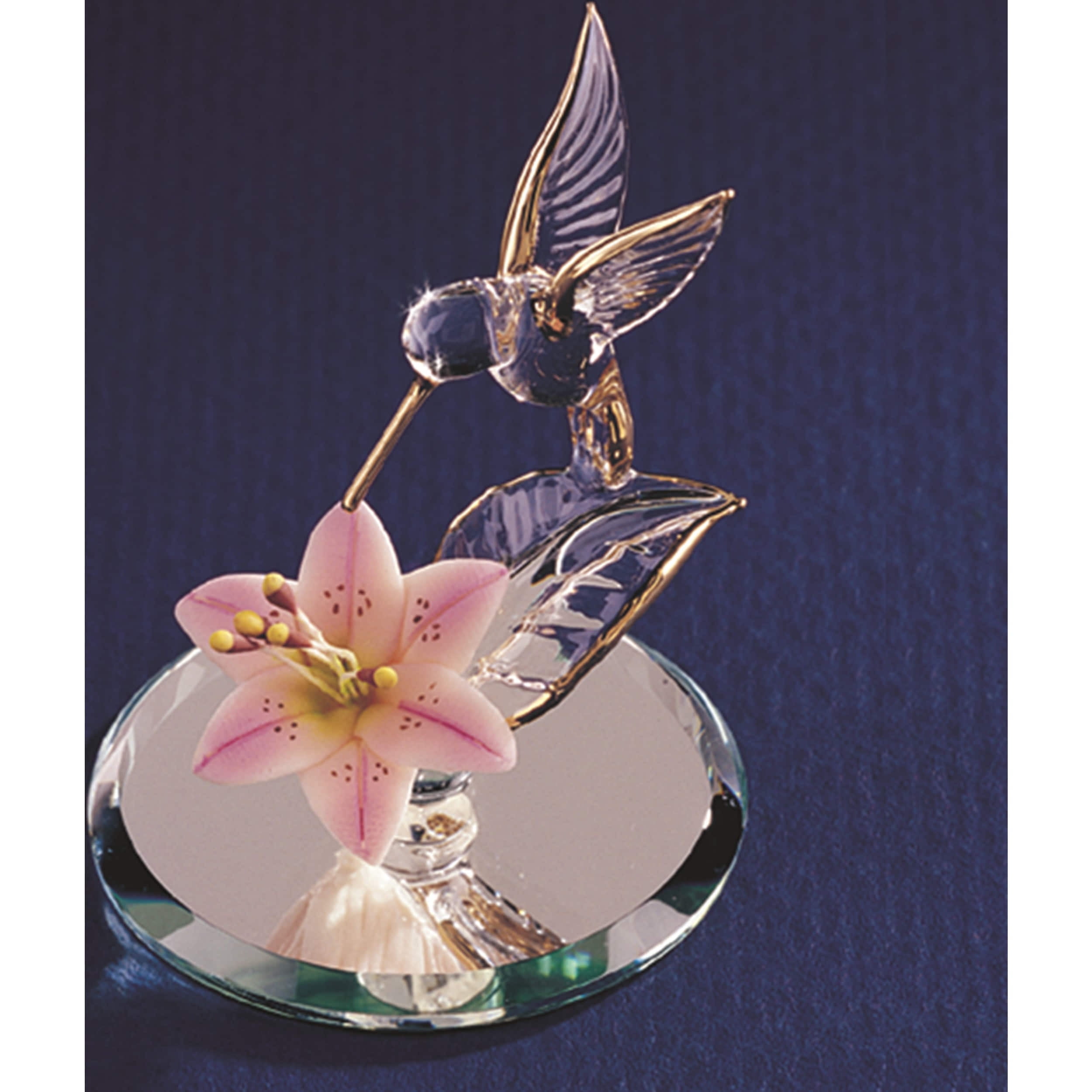 Glass Hummingbird Figurine with Red Lily Handcrafted with 22kt Gold 