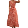 thumbnail image 1 of Vestido con cinturón y cuello en V Bolsillos laterales con estampado floral Vestido largo sin mangas para mujer para verano Primavera Naranja S, 1 of 6
