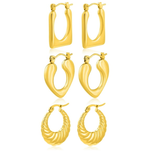 JeenMata Juego de Regalo de 3 Pares de Aretes para Mujer en Baño de Oro Amarillo, Livianos, Gruesos, con Aro Tipo Huggie, Juego de Regalo de Aretes para Toda Ocasión