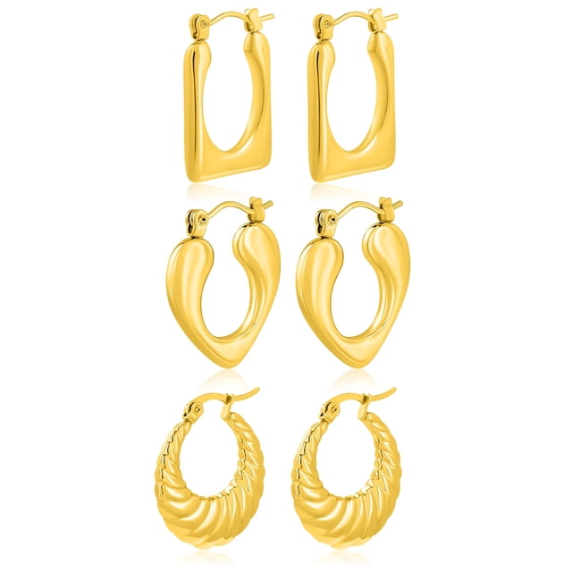 JeenMata Juego de Regalo de 3 Pares de Aretes para Mujer en Baño de Oro Amarillo, Livianos, Gruesos, con Aro Tipo Huggie, Juego de Regalo de Aretes para Toda Ocasión