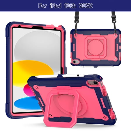 Kids Case for iPad 10th Generation 10.9-inch 2022,TECH CIRCLE Heavy Duty Hybrid Shockproof 360 Rotating Stand Anti Scratch Cover Drop-Proof Protection Case with Hand Shoulder Strap Case,Navy/Rose