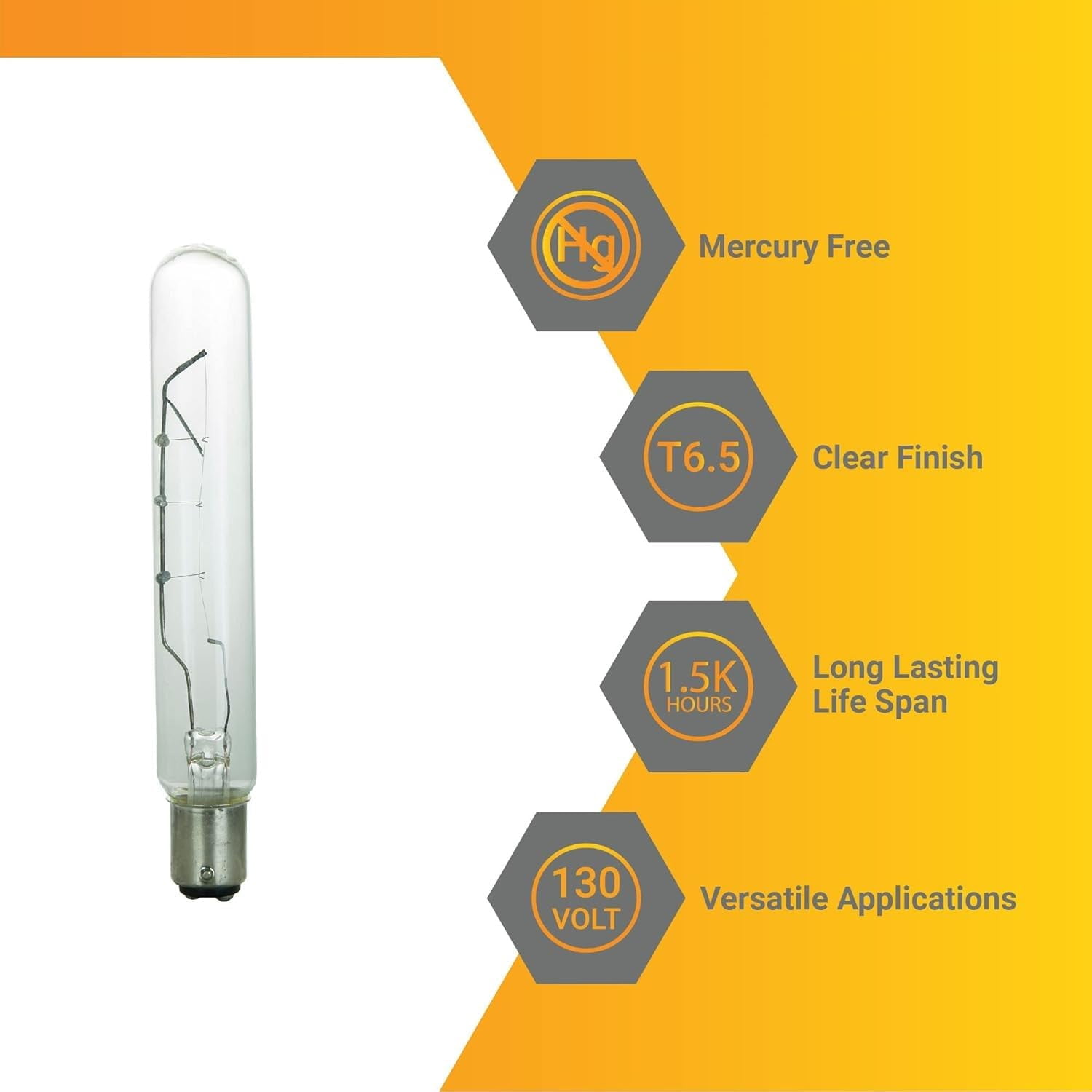 Diodesy- Pack of 6 40T6.5/CL/DC Incandescent Tubular Light Bulbs, Clear Tube T6.5 Bulb, 40 Watt, 2600K Warm White, 290 Lumen, Double Contact Bayonet (BA15d) for Lamp/Office, 130V, Title 20 Compliant