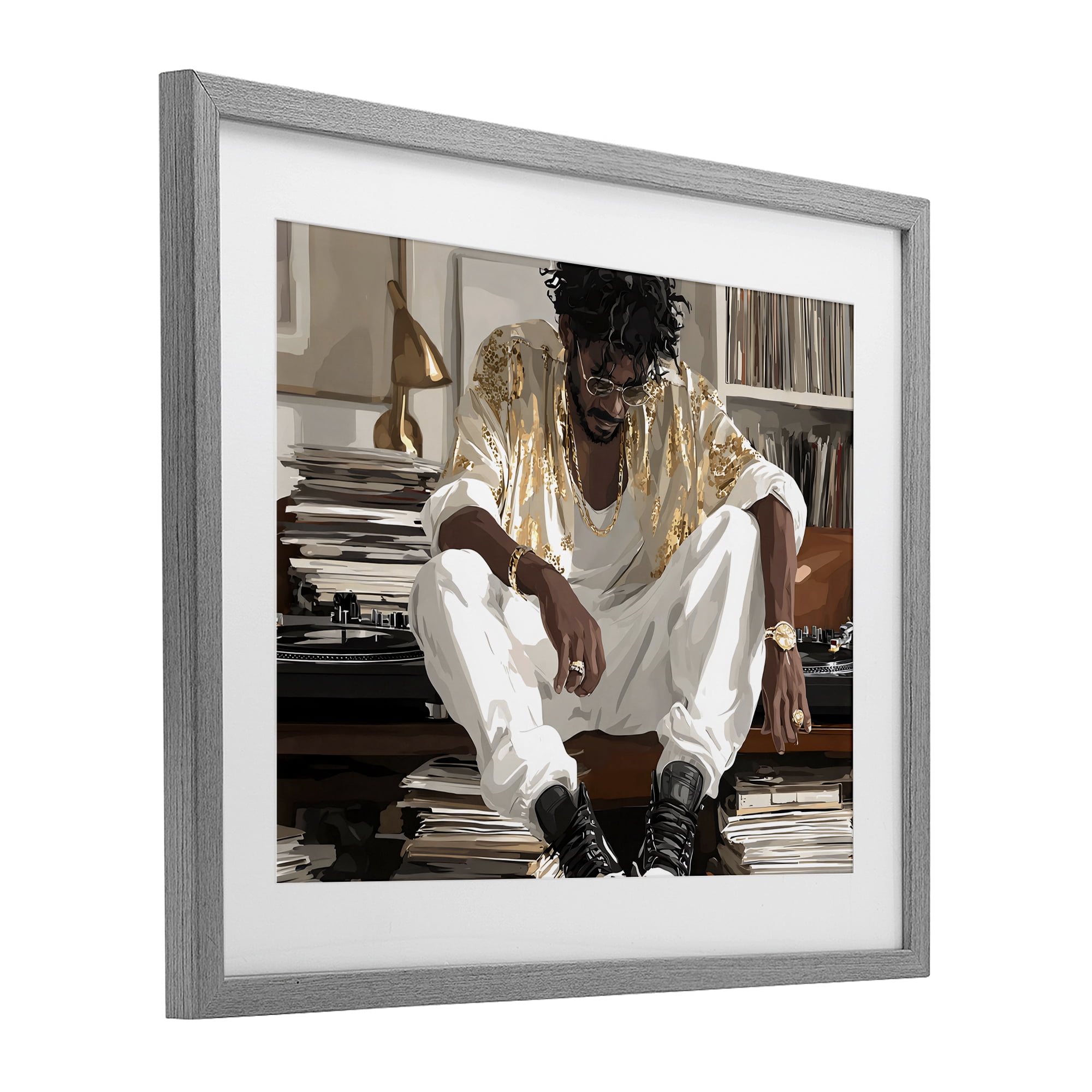 Stupell Industries DJ with Record Collection Gray Framed Print Under Glass, design by Franklyn Gregory