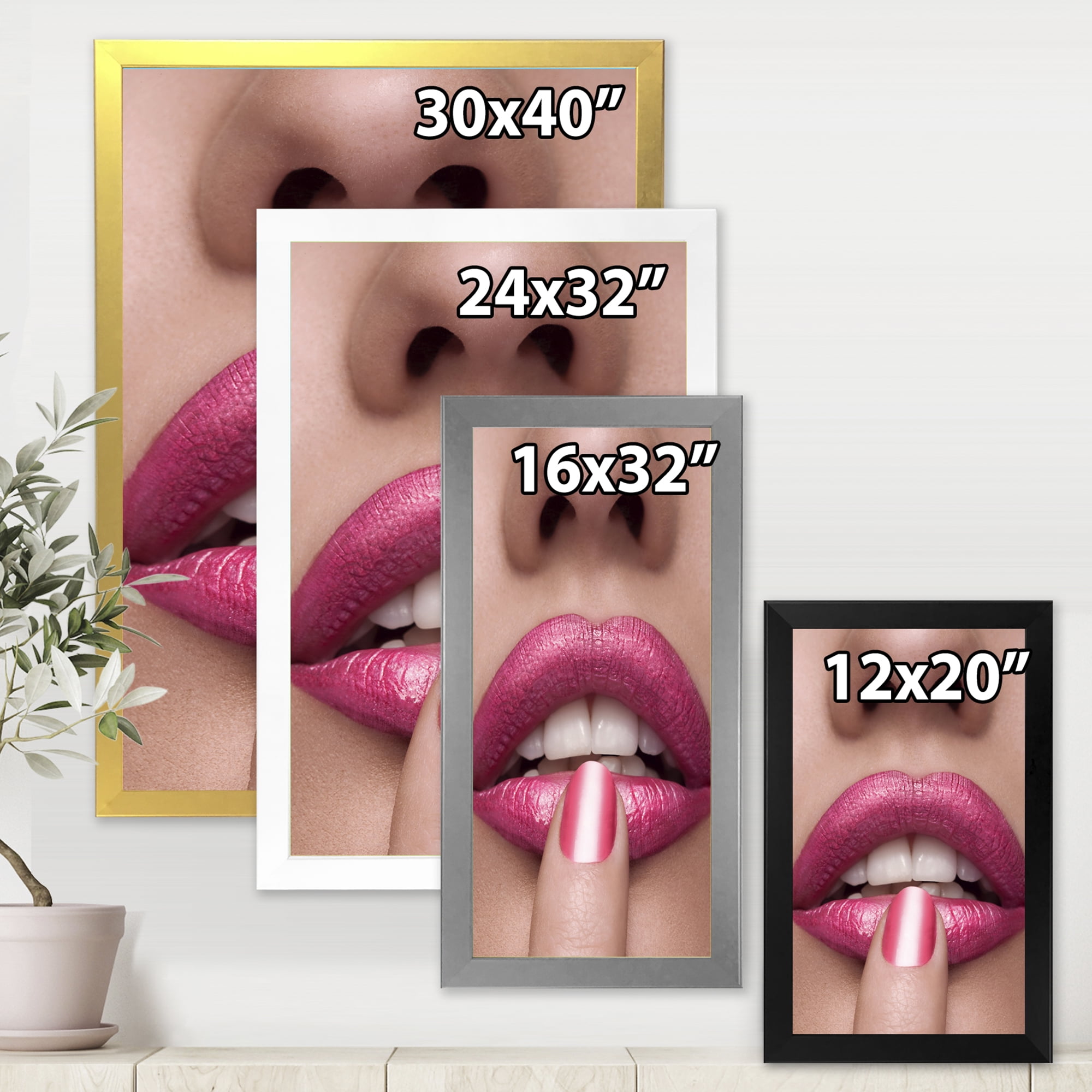 Designart 'Pink Female Lips With Finger On Mouth' Modern Framed Art Print