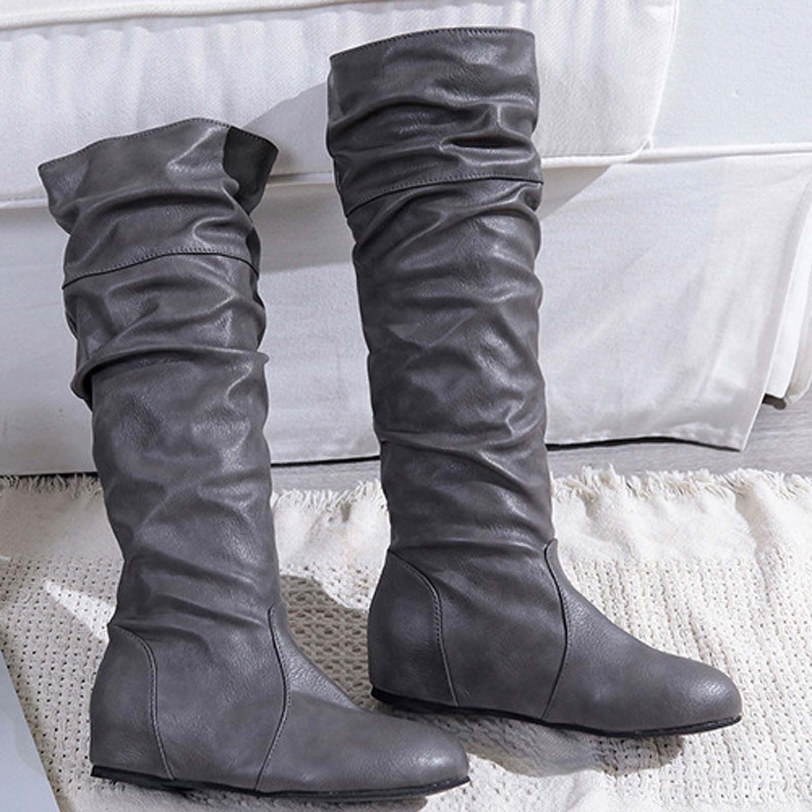 Teacher Appreciation Gifts AXXD Women's Fall Winter Solid Color Round Toe Flat Boots Knee High Cowboy Boots Women Clearance Gray Size 43(US:9.5)
