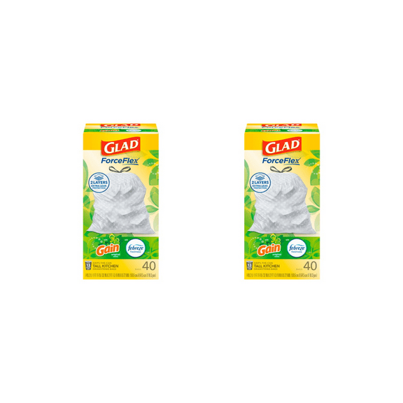 2 Pack Glad ForceFlex Trash Bags with Gain Scent, Tall Kitchen, 13 Gal, 80ct