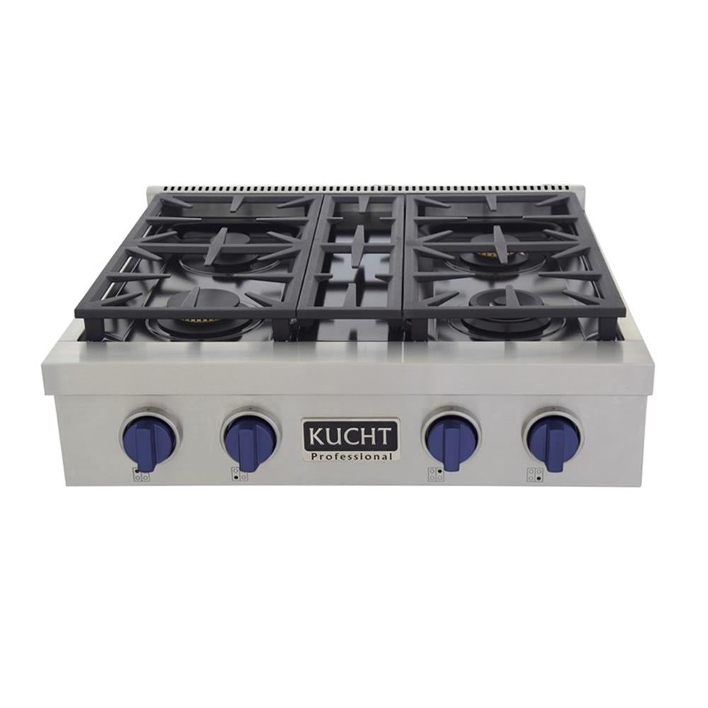 Pemberly Row 30" Propane Gas Range Top in Stainless Steel with Royal Blue Knobs