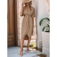 thumbnail image 3 of Gdvsclr Short Sleeve Dresses for Women V Neck Pleated Slim Fit Flowy Swing Shift Irregular Midi Dress Khaki S, 3 of 7