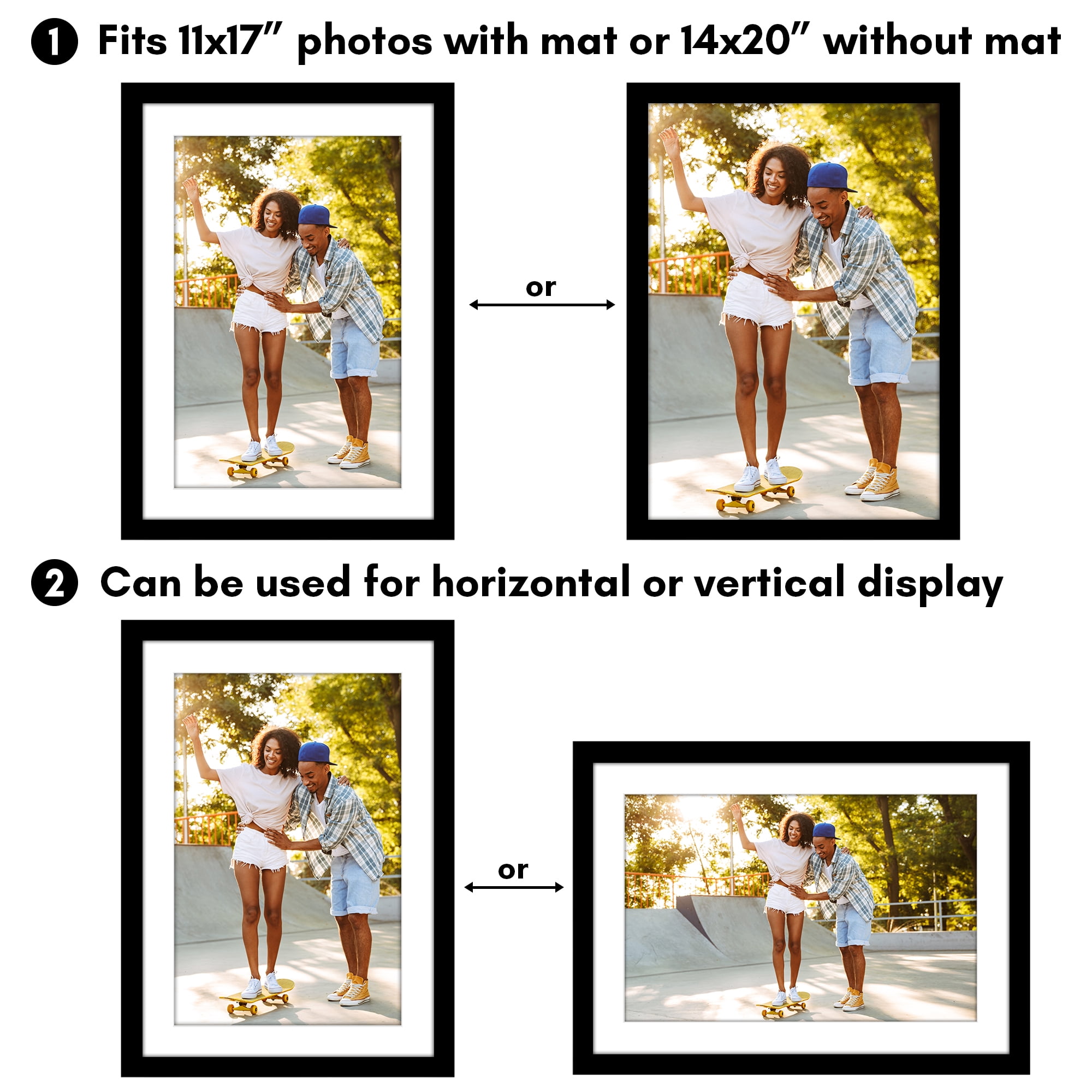 Americanflat 14x20 Picture Frame with Polished Plexiglass with 11x17 Mat Display Photo Epic Collection - Black