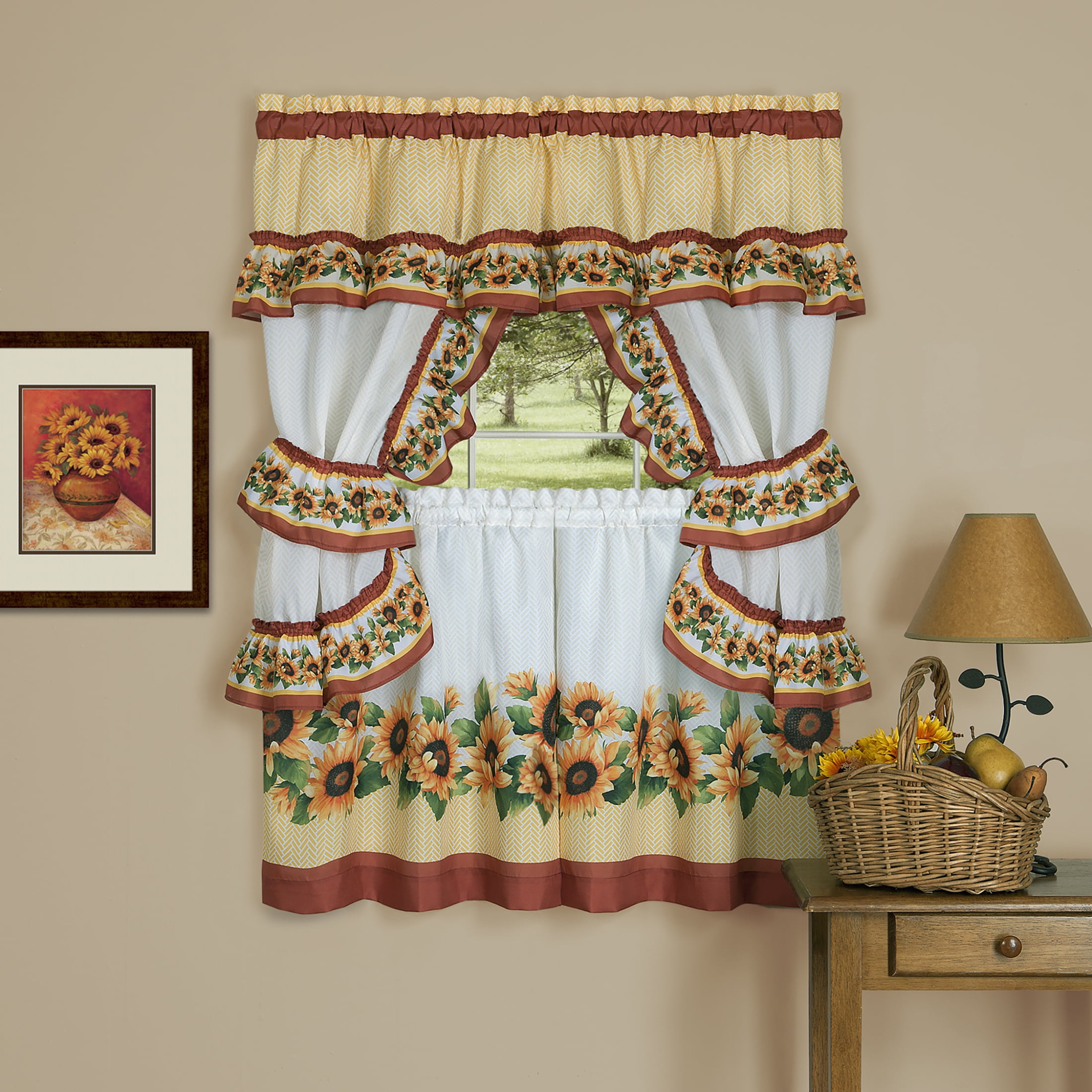 5-Piece Window Kitchen Curtain Set Tier Panels and Valance with Sunflower Print 