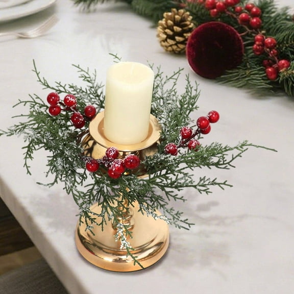 1Pcs Christmas Candle Rings Wreath with Red Berry Snowy Pine Garland Candle Ring Snowy Pine Garland Candle Ring Holder for Christmas Wedding Home Table Centerpiece Decorations