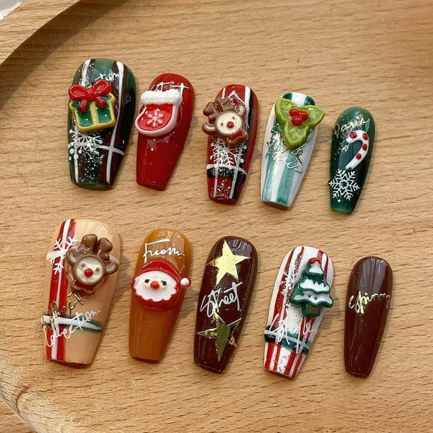 Uñas Postizas Navideñas Fernando Largas con Decoración de Papá Alce S