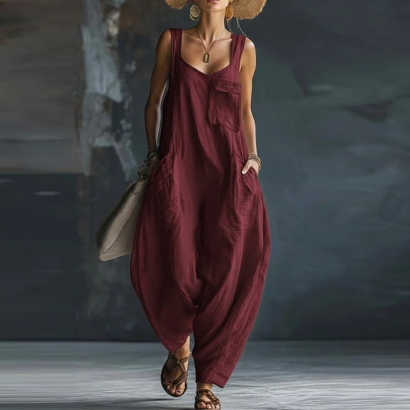 Summer Linen Sleeveless Jumpsuits for Women Square Neck Wide Leg Outfits Casual Pants Rompers with Pockets