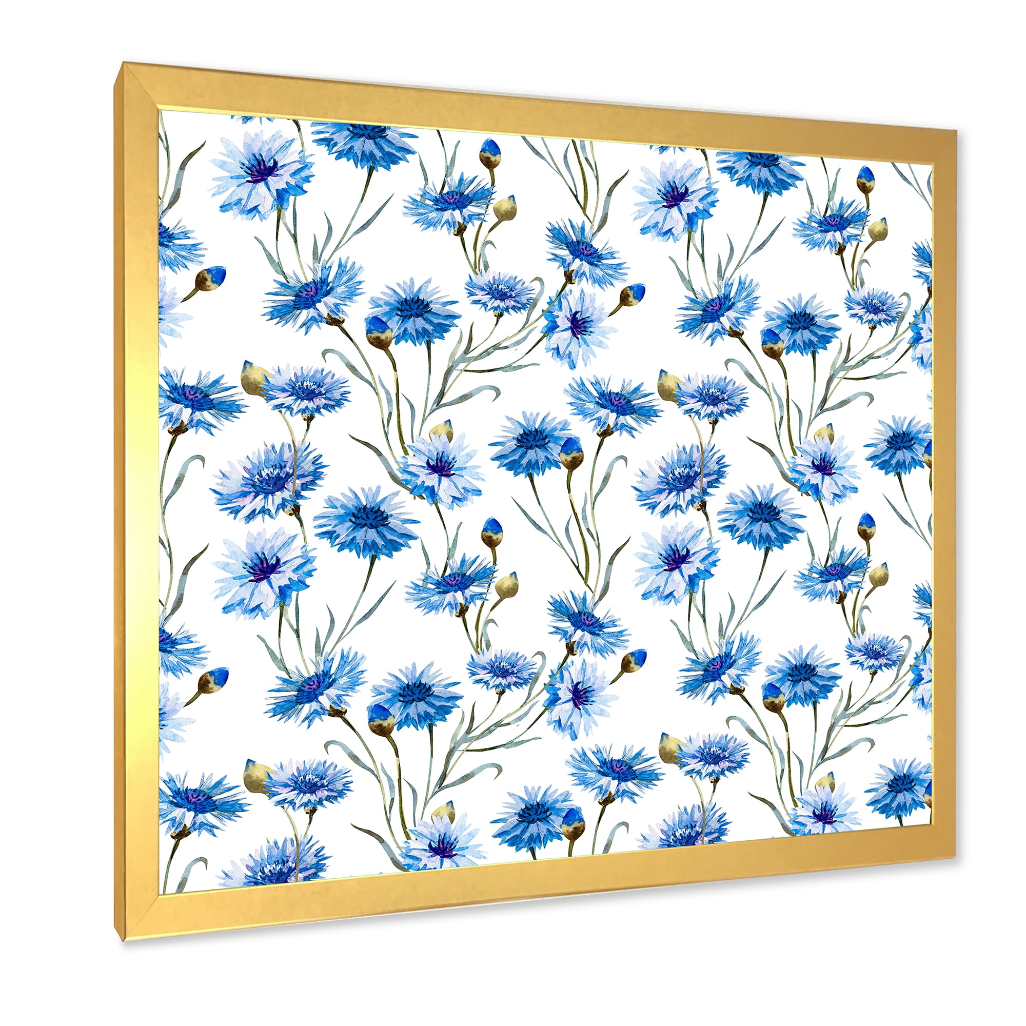 Designart 'Blue Cornflowers With Green Leaves On White II' Traditional Framed Art Print