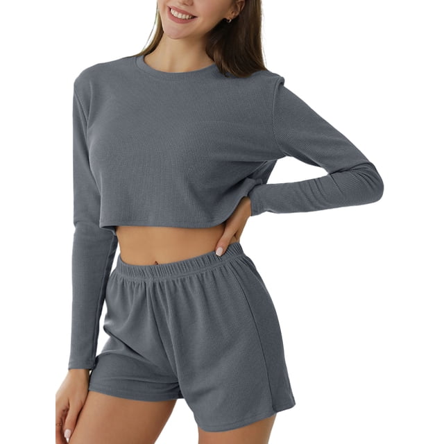 xiaxaixu Ensemble de Pyjama pour Femmes 2 Pcs Tenues de Détente Couleur Unie Col Rond Manches Longues Crop Tops et Shorts Tenues de Nuit