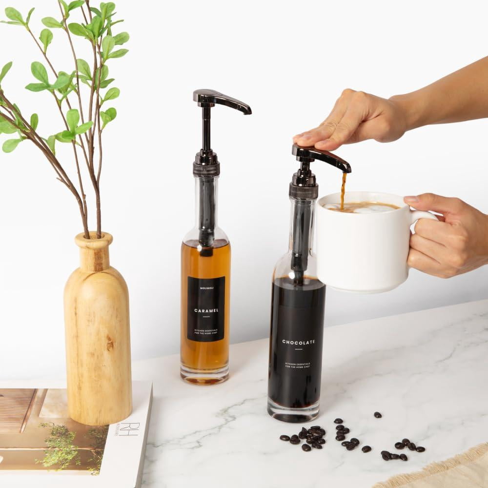 Set Of 4  350ml Coffee Syrup Dispenser For Bar Pump Glass Bottle W. Pumps Simple Labels (black)