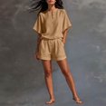 thumbnail image 4 of BODOAO Women's Linen Short Set Short Sleeve Button Shirt and Wide Leg Shorts Loose Fit Summer Casual 2 Piece Outfit for Beach, Vacation, Resort, Lounge and Daily Wear Outfits Khaki M, 4 of 4