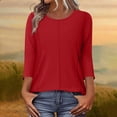 thumbnail image 2 of Wo-Fusoul Haut pour Femmes, Blouse Décontractée à Manches 3/4, Col Rond, Couleur Unie, Coupe Ample, Printemps Été, Vert Armée, 2 of 7