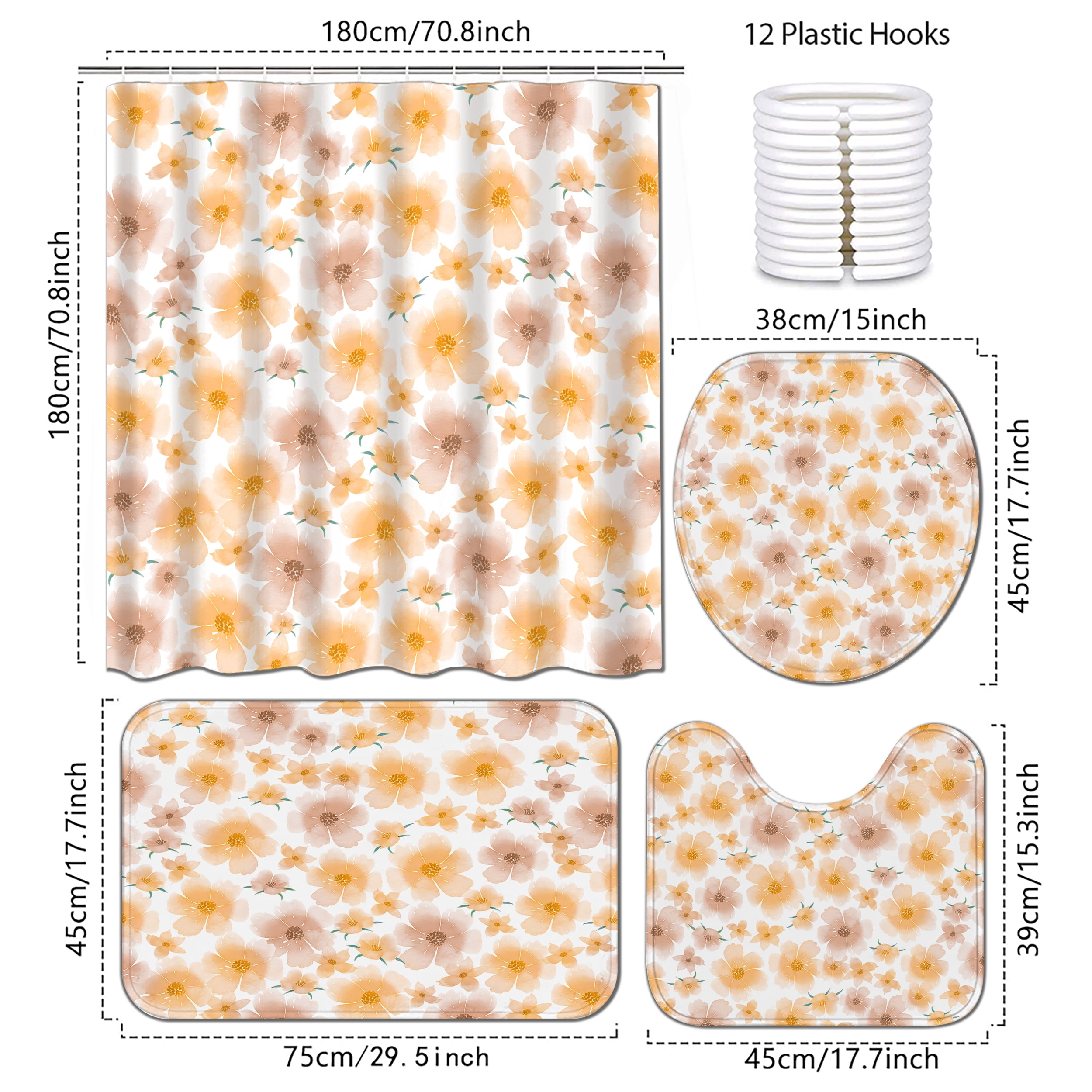 Planially 4 Pcs Shower Curtain Set with Rugs Toilet Lid Cover Mat Print Flowers Bathroom Sets