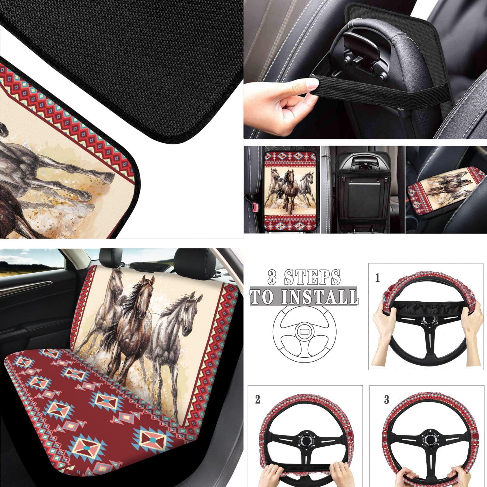Jeiento Aztec Automotive Seat Covers Full Set of 17 Car Front Rear Seat Covers Floor Mats Car Steering Wheel Cover African Tribal Horse Armrest Cover Coasters Keychains for SUV Van Truck Sedan