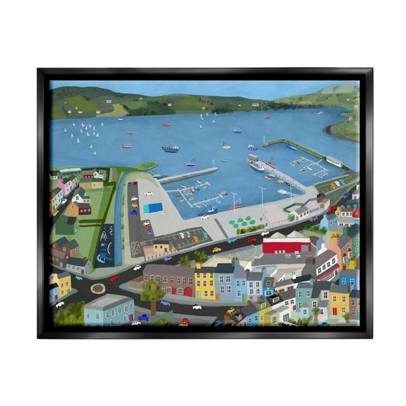 Stupell Industries Ocean Docks Suburb Streets Graphic Art Jet Black Floating Framed Canvas Print Wall Art, Design by Carla Daly