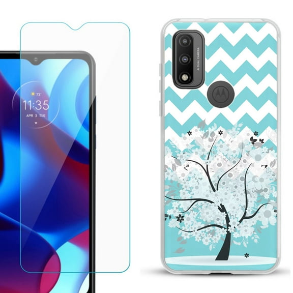 Slim-Fit Gel TPU Phone Case for Motorola Moto G Pure, with Tempered Glass Screen Protector, by OneToughShield ® - Chevron/Tree