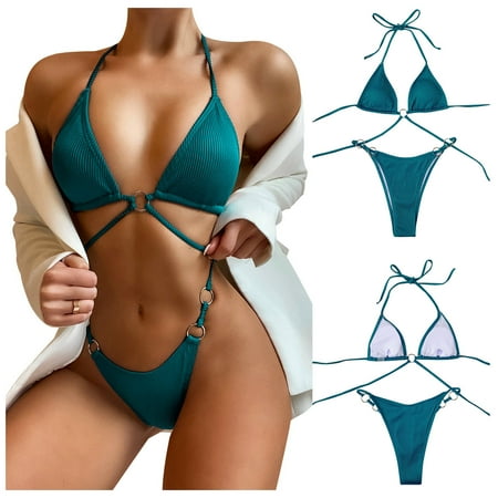 IDALL Bikini Sets Bathing Suit Solid Color Sexy Women s Split Low Waist Buckle Swimsuit Bandage Bikini Set Thong Bikini Sets High Waisted Bikini Sets Two Piece Swimsuit Green S