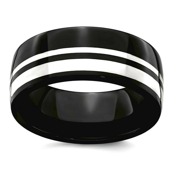 Black Titanium and 925 Sterling Silver 9mm Polished Band Size 11 Ring for Women and Men - 7.5 Grams