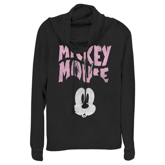 Junior's Mickey & Friends Surprised Pink Logo Cowl Neck Sweatshirt Black X Large