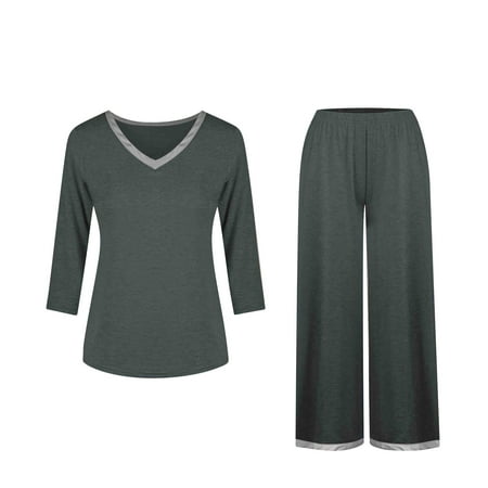 qolati Women Pajamas Set 2 Piece Outfits Casual V Neck Soft Sleepwear Pjs 3/4 Sleeve Nightwear with Wide Leg Pants Lounge Sets Army Green XL 10