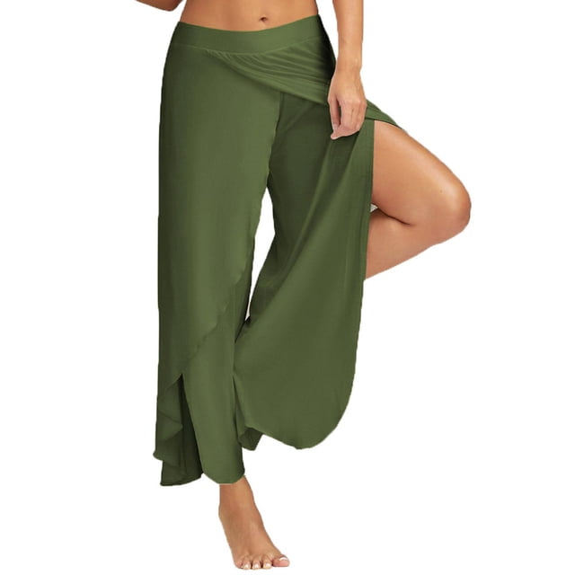 BLVB Women's Plus Size Wide Leg Flowy Yoga Pants, Army Green, Large