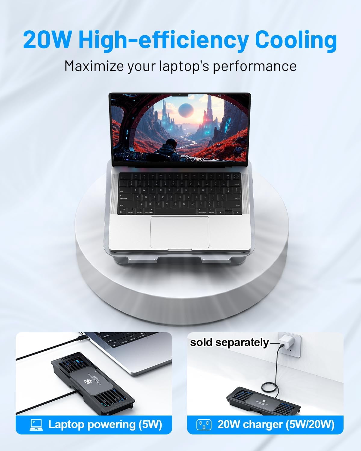 Laptop Cooling Pad with Detachable Fan, Adjustable Height & Angle, 360 °   Rotating Base, Ultra-Quiet Operation, Carbon Steel Frame for 10-16" Laptops and Tablets