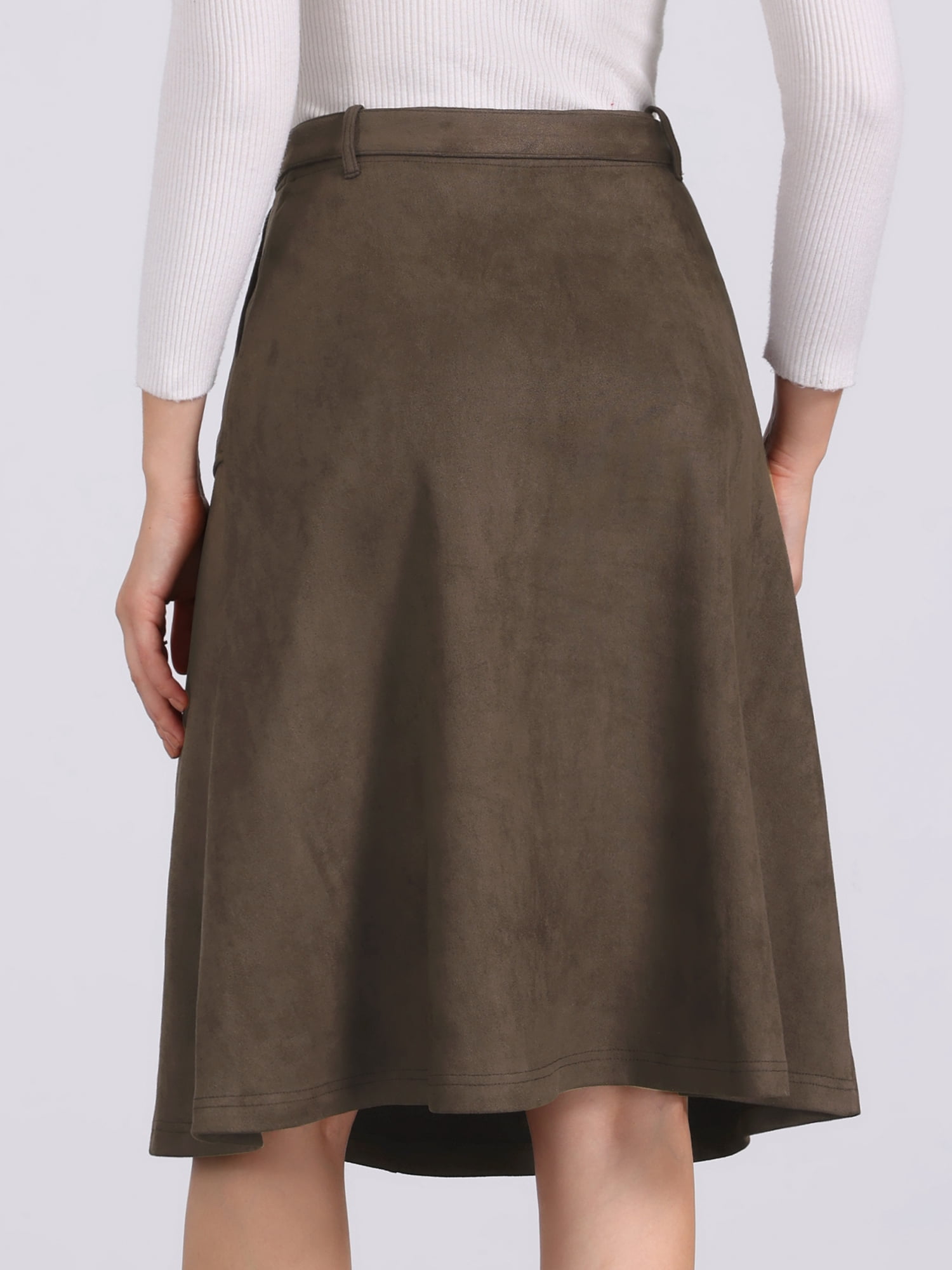 DARING DIVA Women's Faux Suede Pockets Stretch A-line Midi Skirt with Belt L Coffee