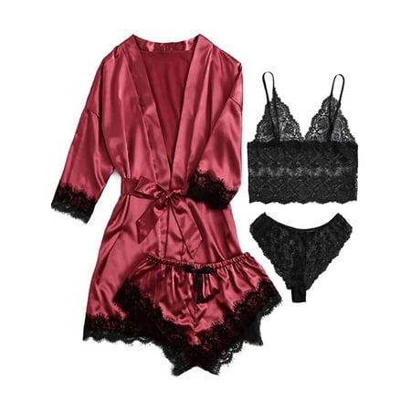 

Women s Floral Lace Trim Satin Cami Pajama Set with Robe 4-pack