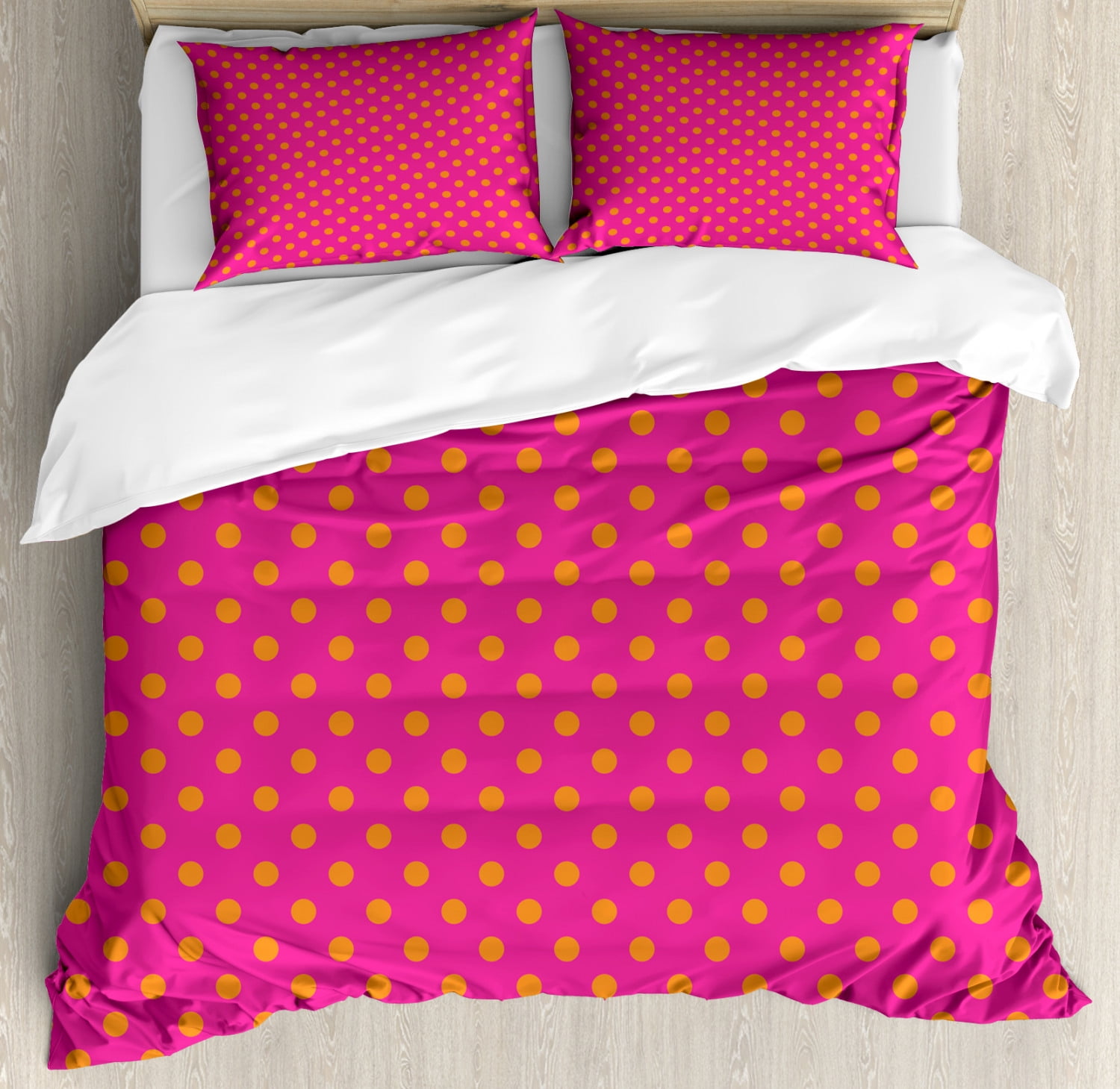 Pink and Orange Queen Size Duvet Cover Set, Warm Colored Polka Dots