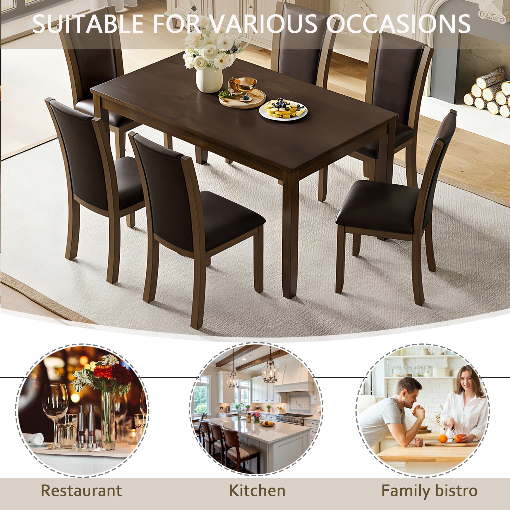7-Piece Dining Table Set for 6, 58.5" Rectangular Dining Table with 6 Upholstered Chairs