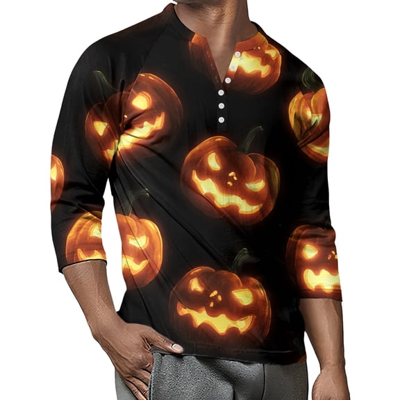 Homozy Thanksgiving Mens T Shirts Ghost Pumpkin Bat Graphic Tee Tops Three Quarter Sleeve V Neck Casual Button Pullover Tee Black 2XL